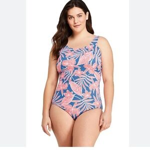 LANDS' END CHLORINE RESISTANT Blue Orange Tank ONE Piece SWIMSUIT